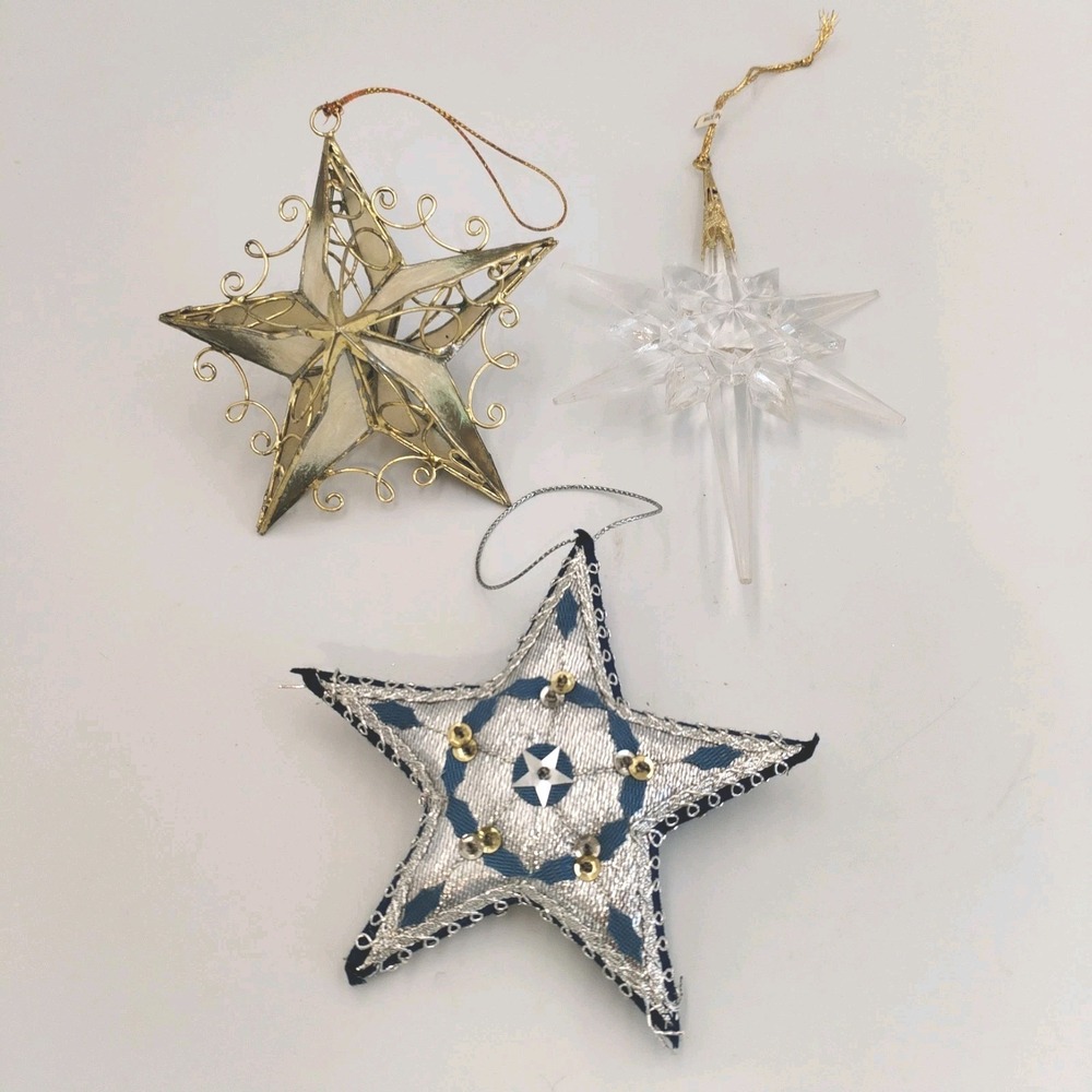 Vintage Christmas Star Ornaments Lot of 3 Capiz Shell Fabric Acrylic Celestial